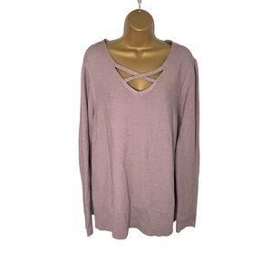 Relativity Criss Cross V-Neck Metallic Knit Sweater Mauve XL